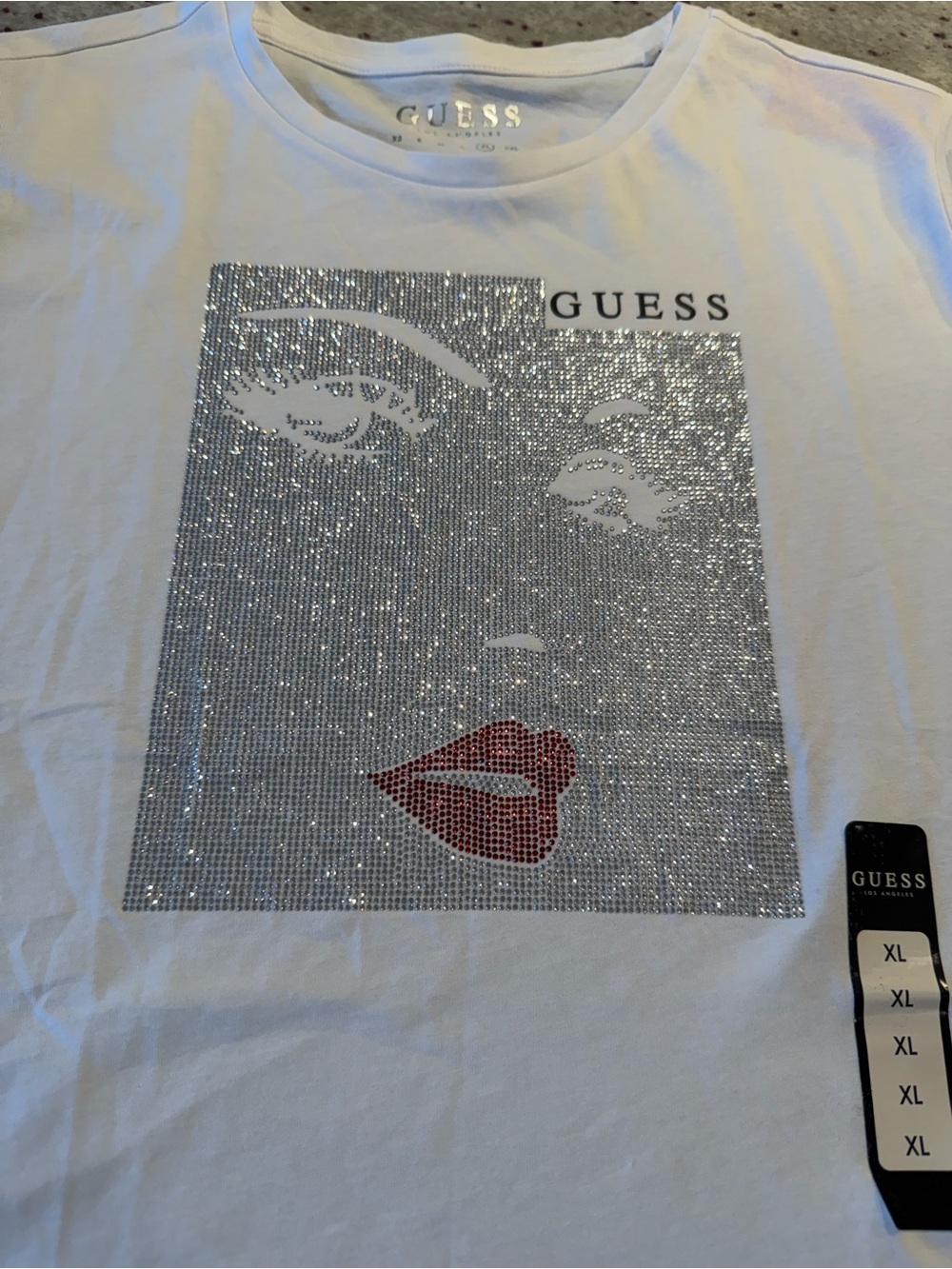 NWT GUESS White Tee with Silver Rhinestone Face and Red Lips